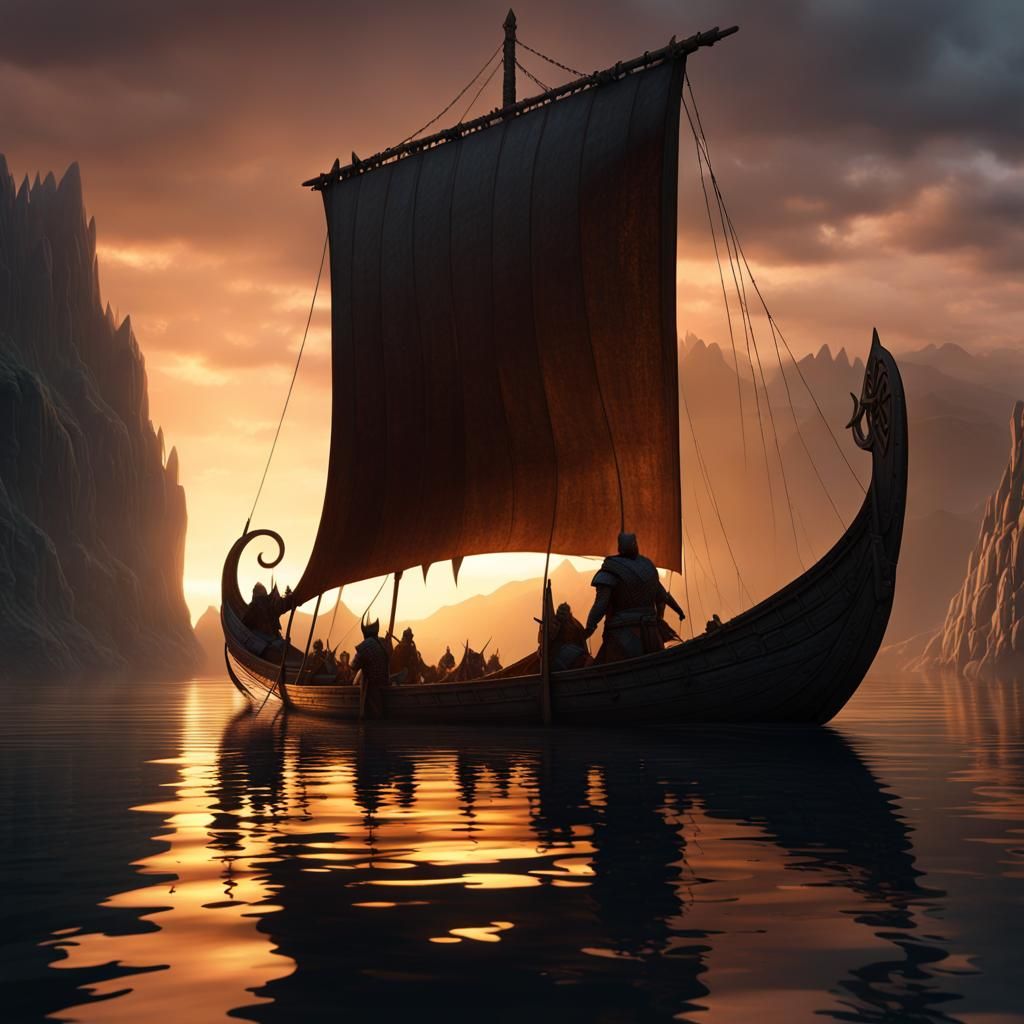 Viking Longboat at Dawn: Dark Fantasy Concept Art