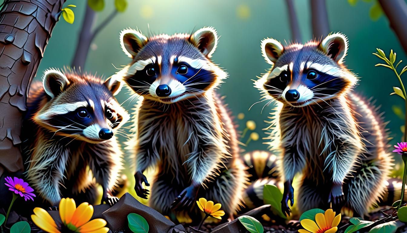 Playful Baby Raccoons in a Sunny Field as Digital Art