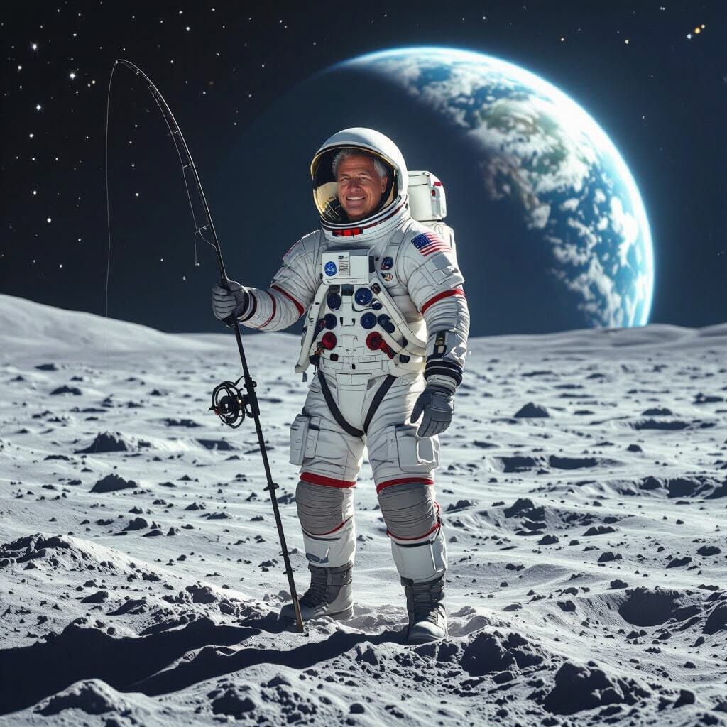 Bill Clinton Fishing on the Moon, Photorealistic Style