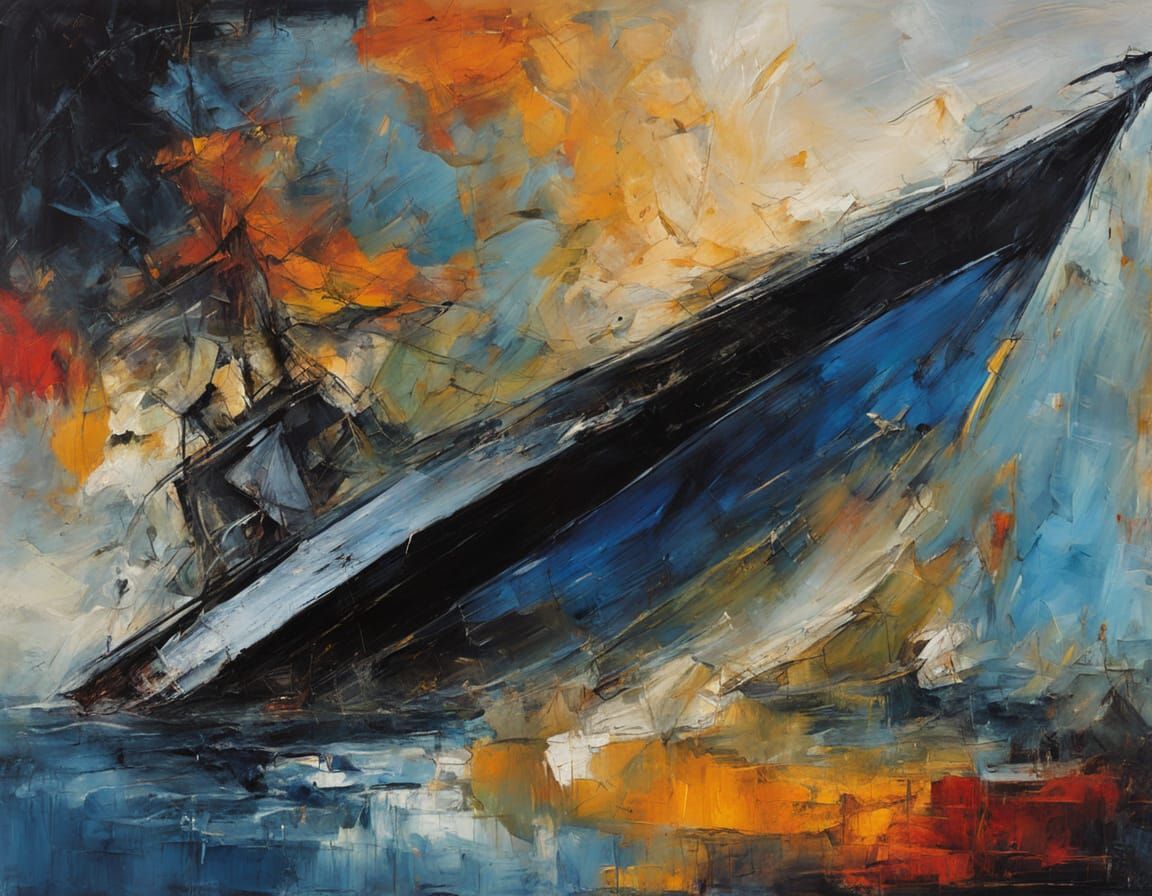 Paper Boat on Rough Seas in Abstract Expressionism Style