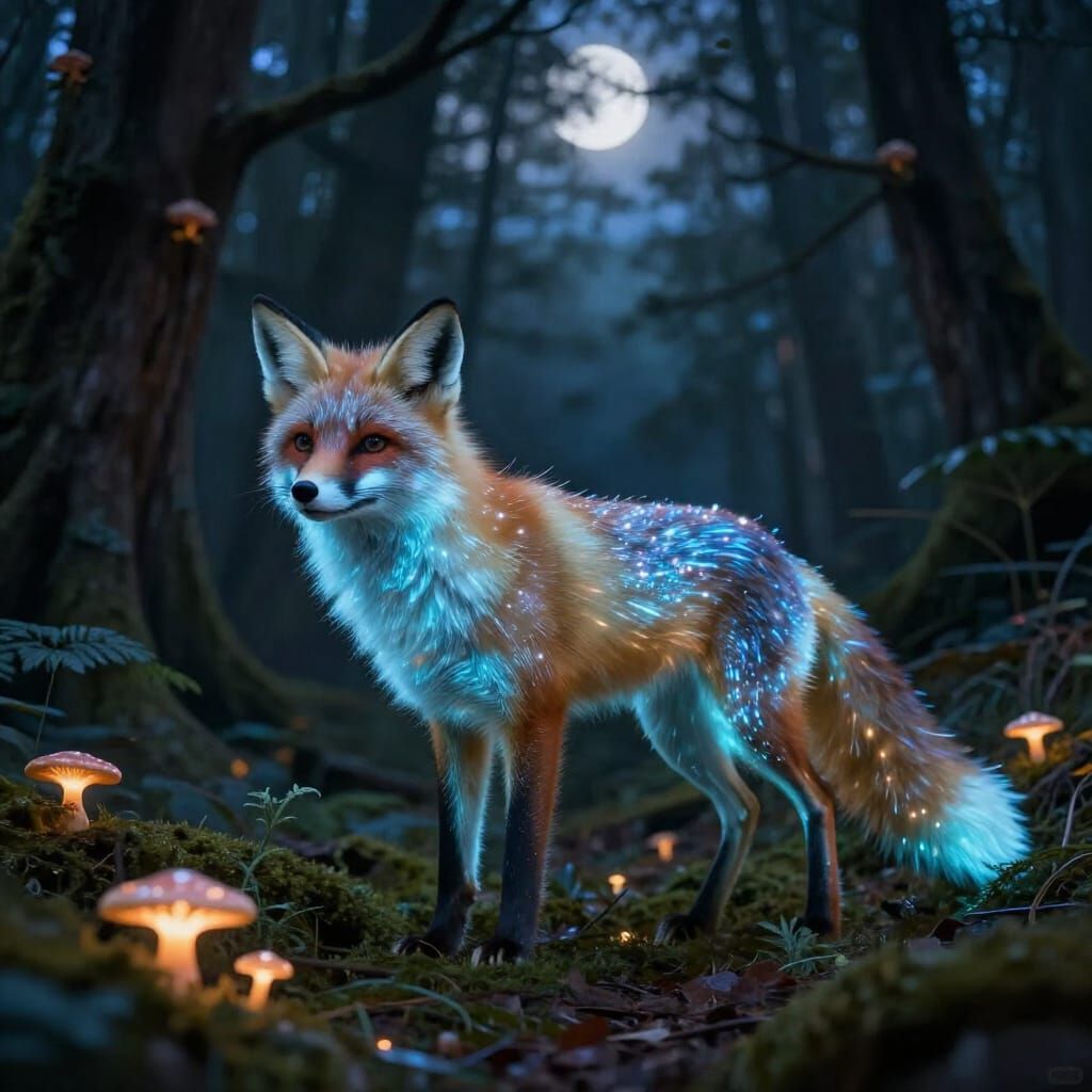 Bioluminescent Fox Emerges From Ancient Forest At Twilight