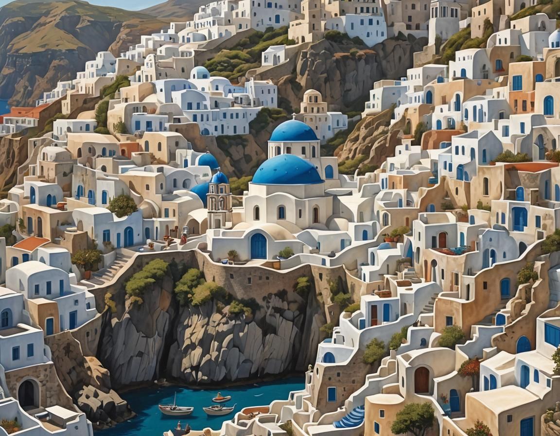 Ethereal Santorini Village in Vibrant Colors