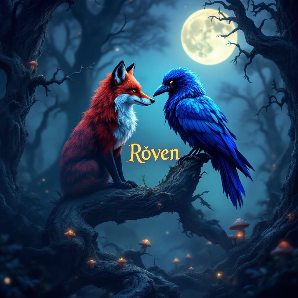 Mystical Fox and Raven Logo in Enchanted Forest