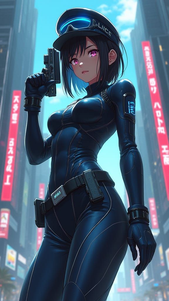 Futuristic Policewoman in Neon-Lit Cityscape