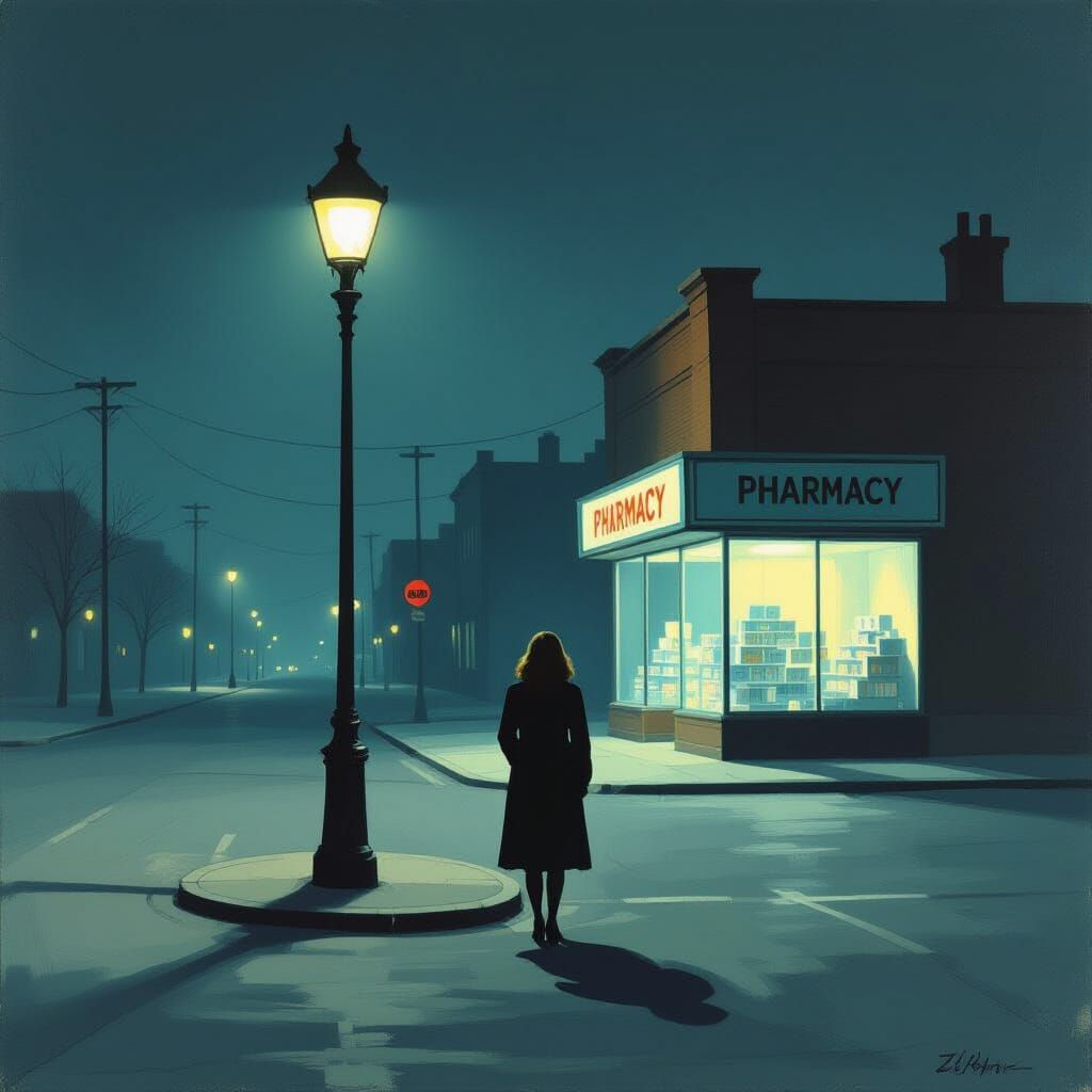 Lonely Woman in a Surreal Noir Cityscape