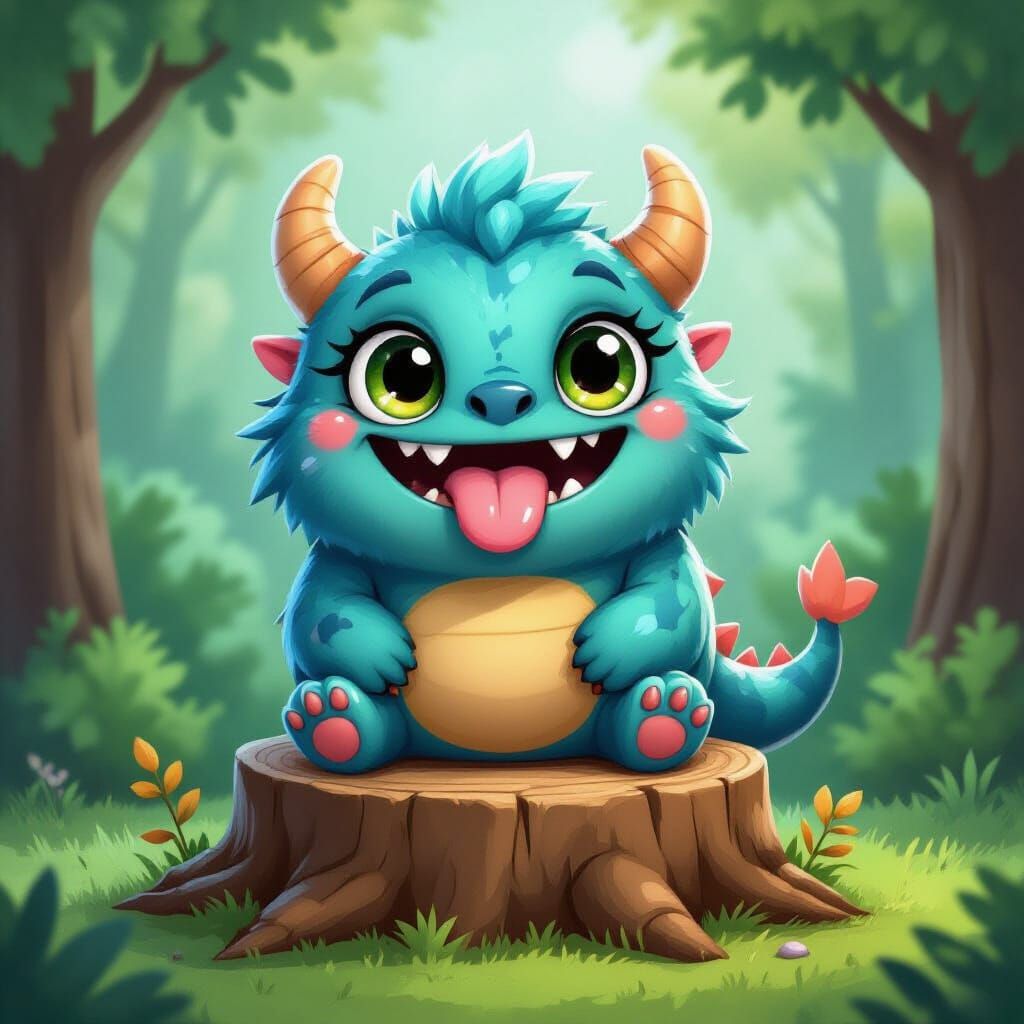 Cute Cartoon Monster on Stump with Tongue Out