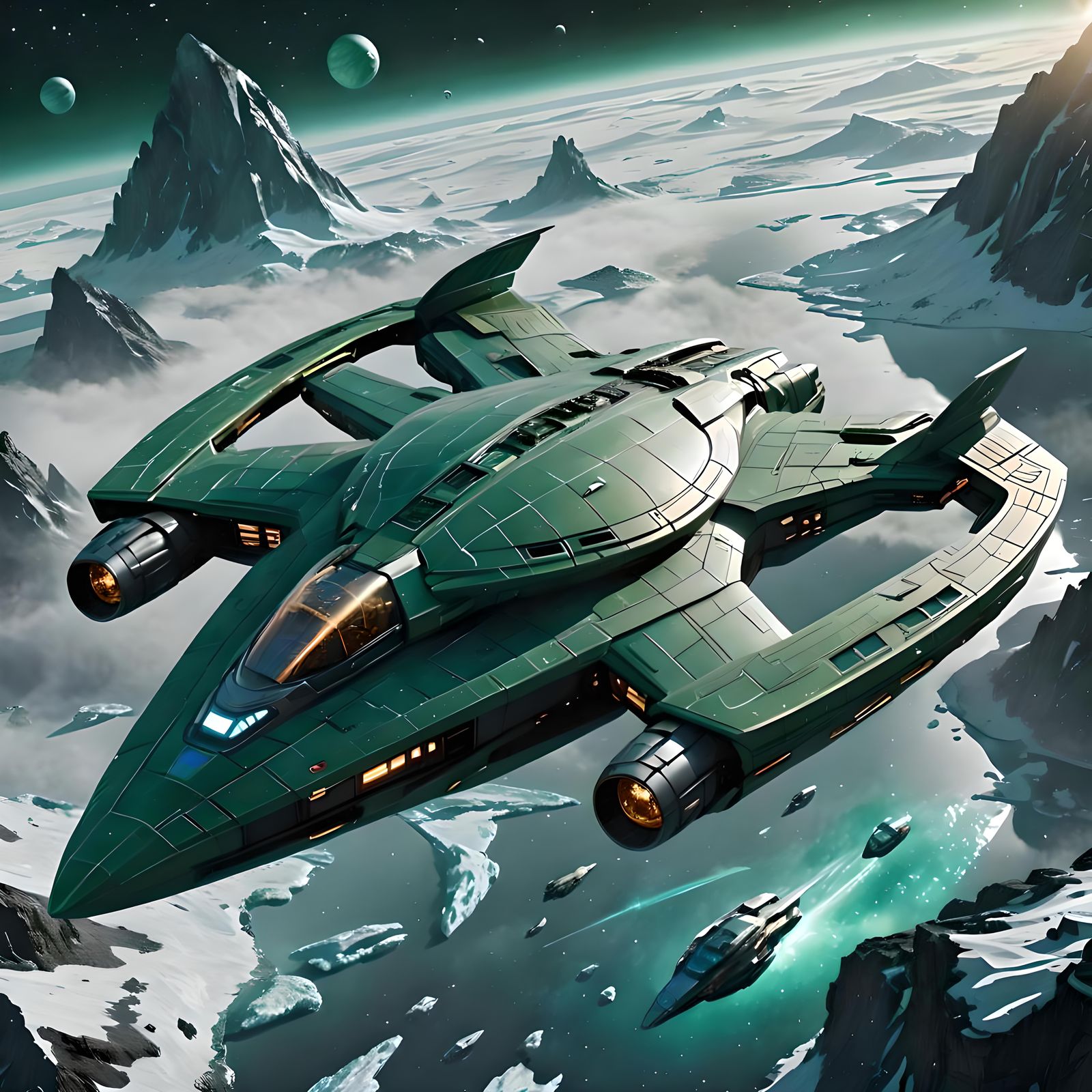 Eagle-shaped Romulan Ship Cruises Over Ice Planet