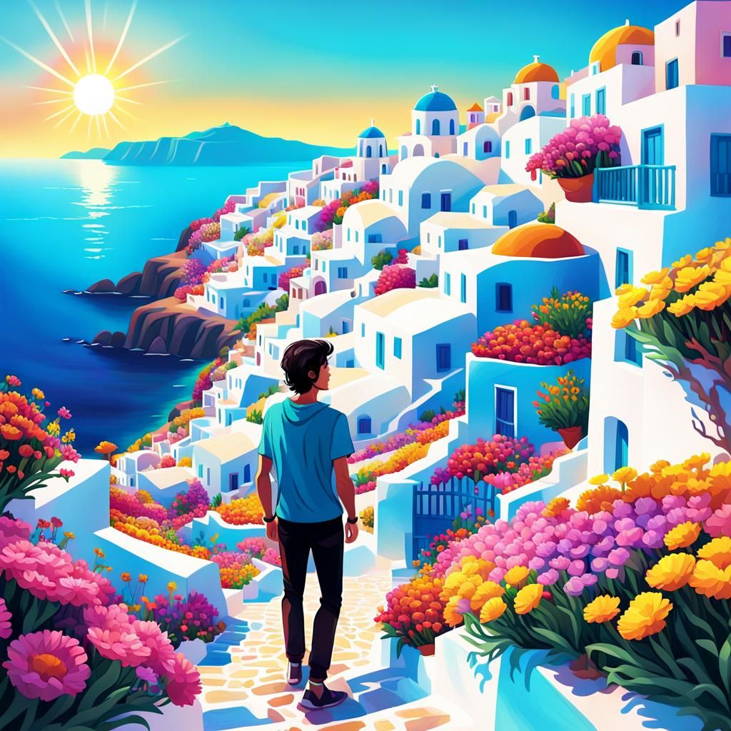 Boy on Hill Overlooking Greek Village, Candy Art