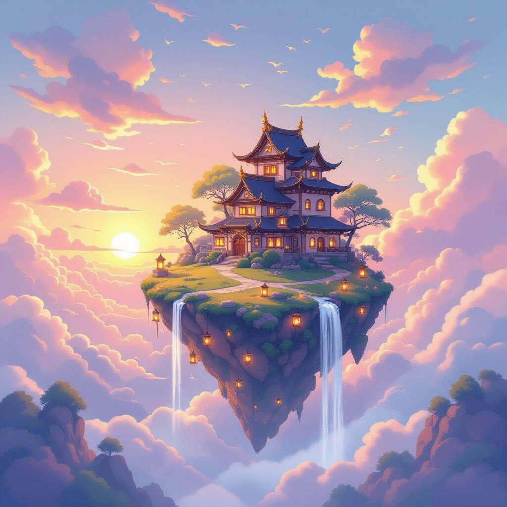 Whimsical Floating Island at Sunset With Glowing Lanterns