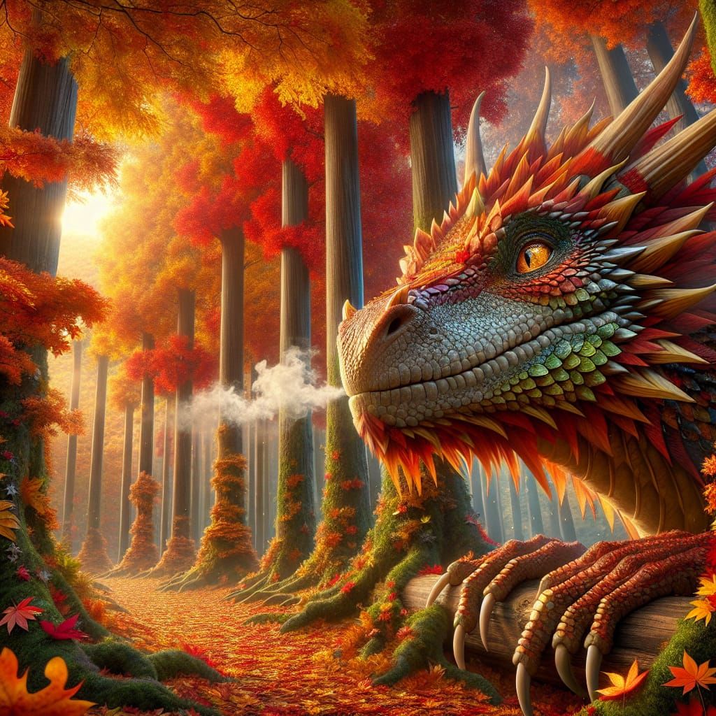 Autumnal Dragon Peeking Through Falling Leaves