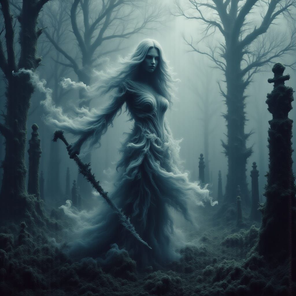 Ghostly Woman in Misty Graveyard