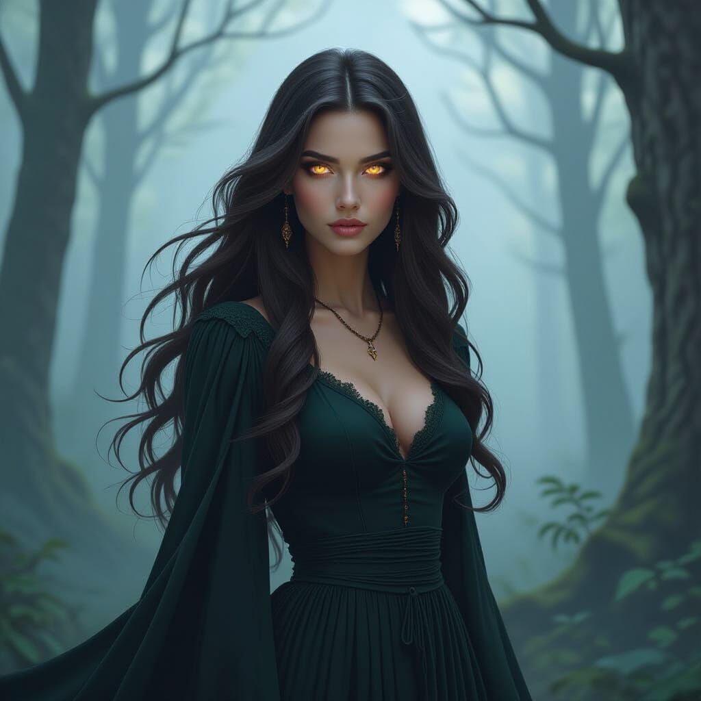 Mystical Woman in Eerie Forest, Mystical Realism Style