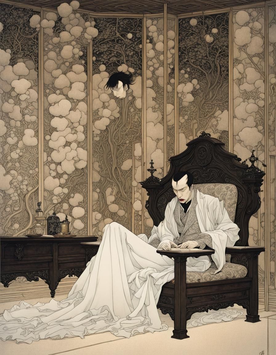 Dracula in Gothic State Room: Organic Line Drawing