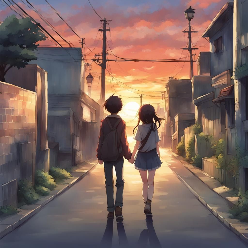 Anime Sunset: Couple Walking Away on Street