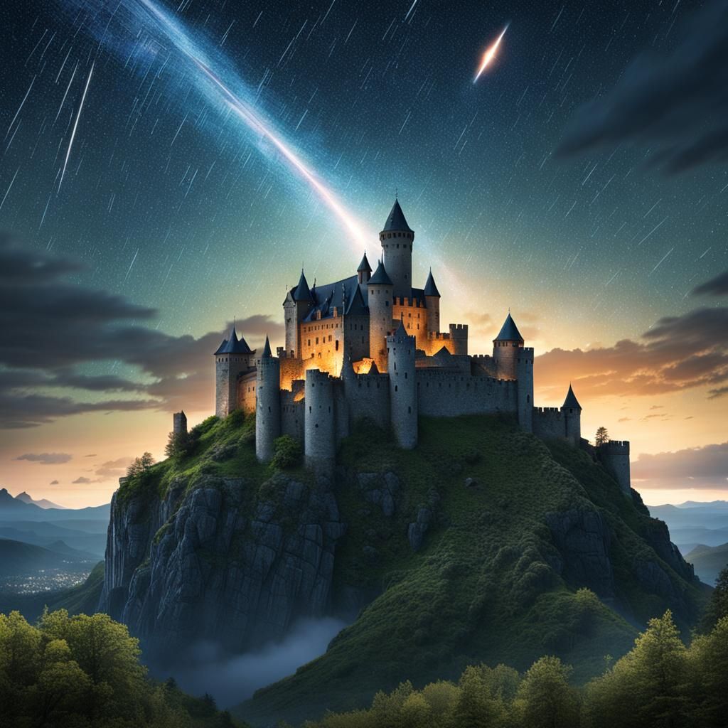 Spectacular Meteor Shower Over Ancient Castle