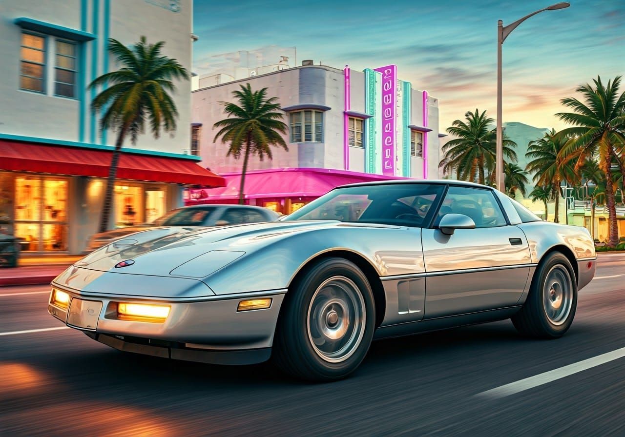 Corvette C4 Cruises Miami Beach in Comic Style