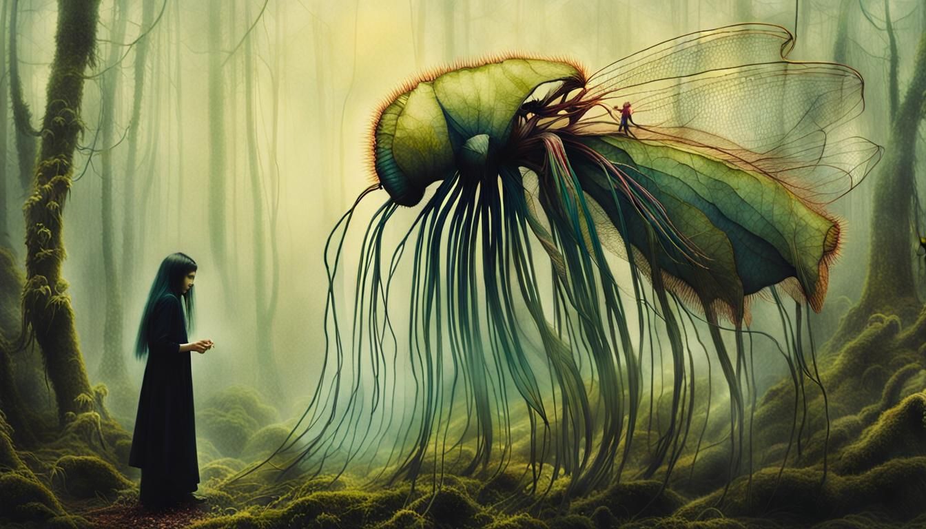 Eerie Encounter: Woman and Fly Magnet Flower