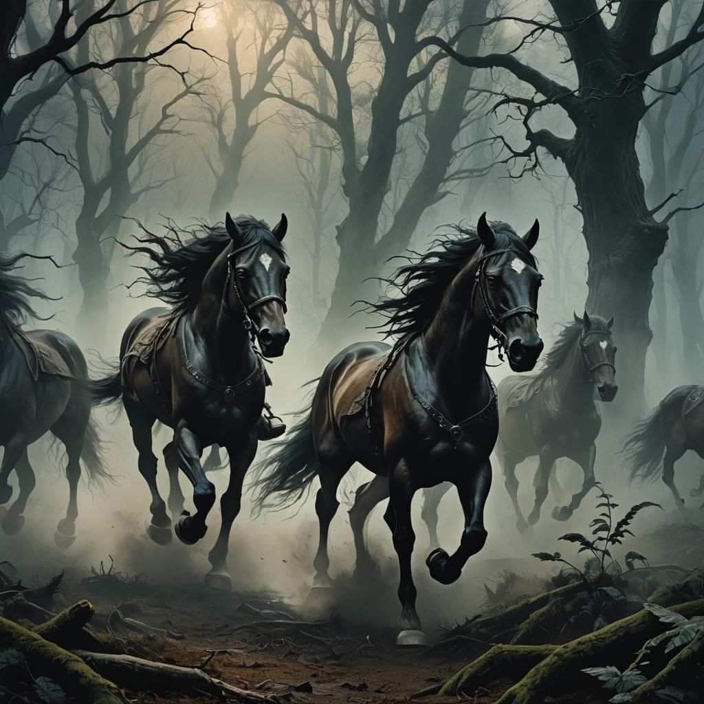 Horses in Misty Forest: Dark Fantasy Illustration