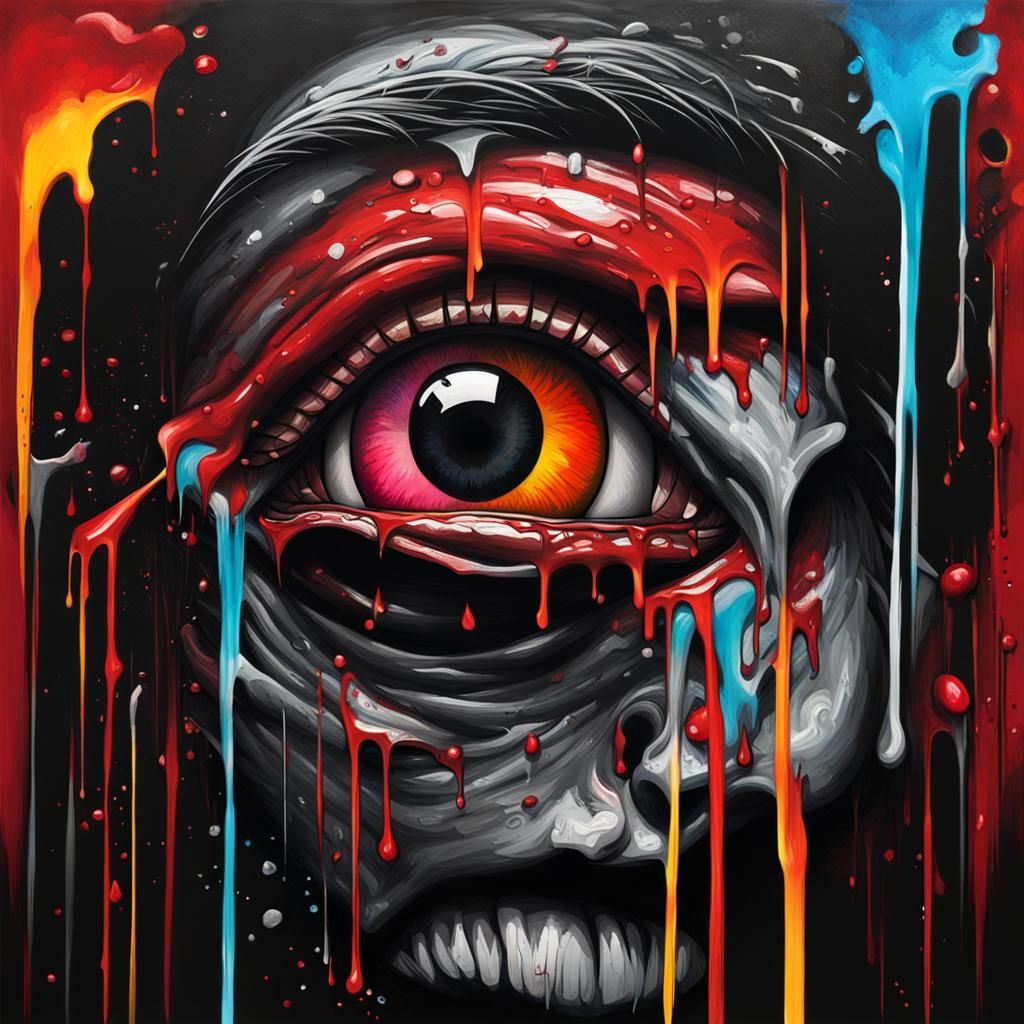 Horror Eye Crying Blood in Oil Drawing