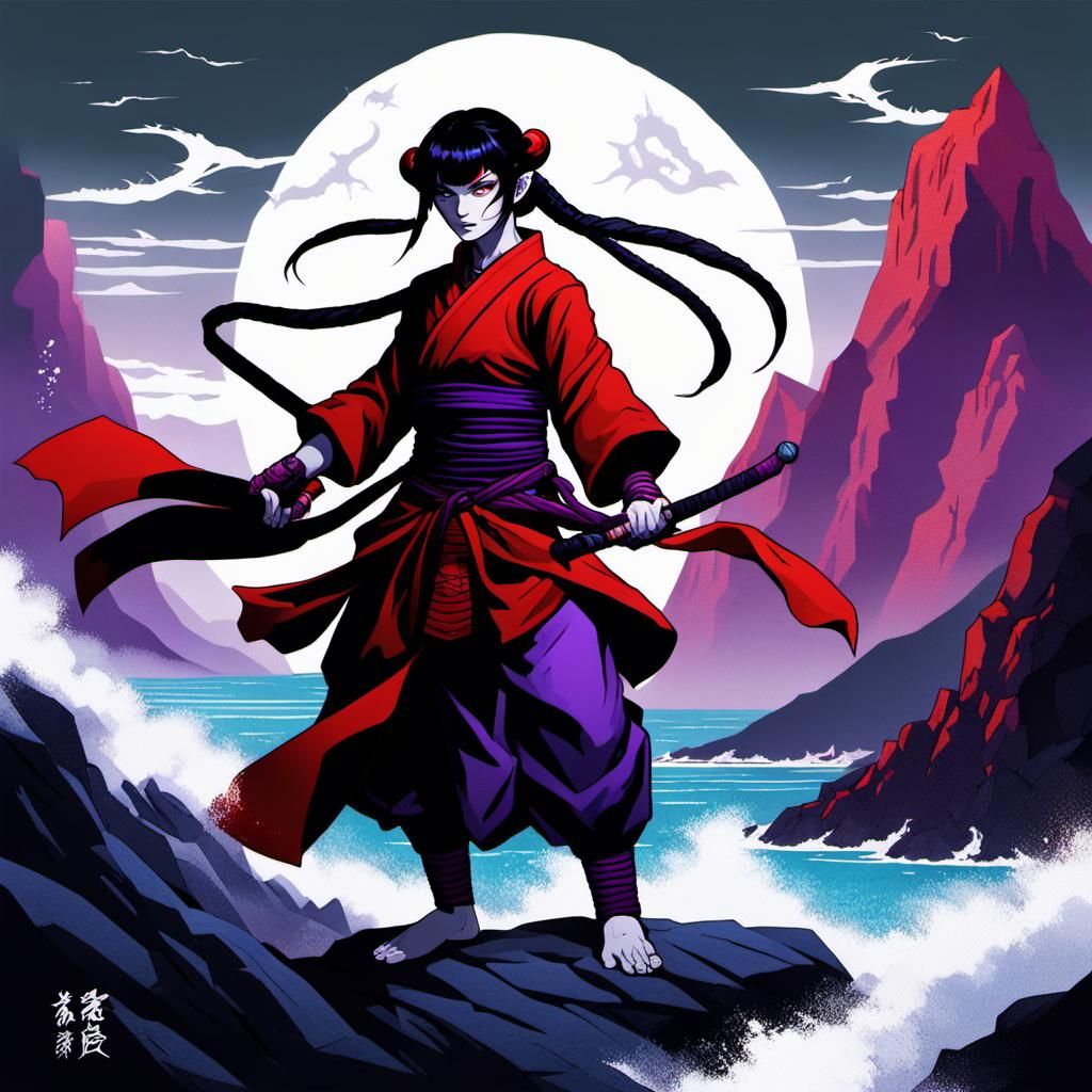 Tiefling Monk Fighter in Fantasy Landscape, Cel-Shaded