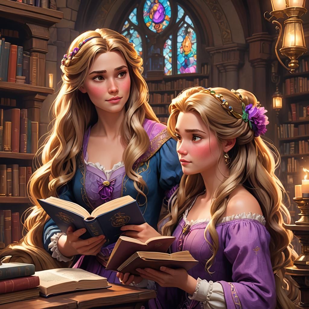 Rapunzel and Belle Reading: Hyperdetailed Art Portrait