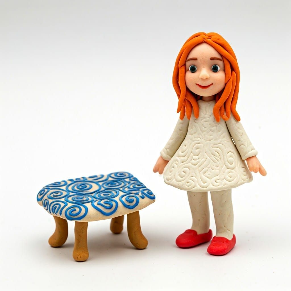Plasticine Girl at Shabbat Table: Folk Art Figurine