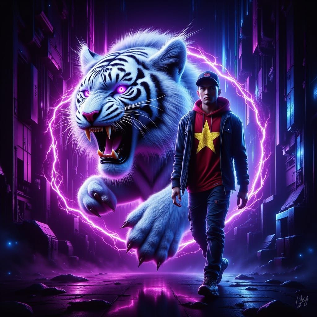 Vietnamese Man & White Tiger in Neon Cyberpunk City