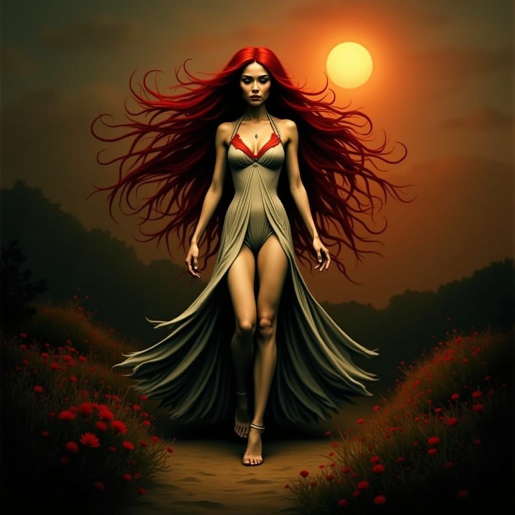 Red-Hued Woman in Rosy Landscape, Digital Painting