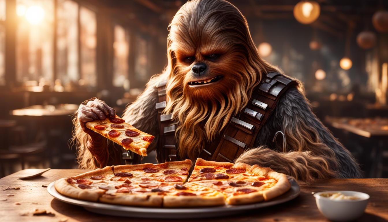 Hyperrealistic Wookiee Eats Pizza in 8K