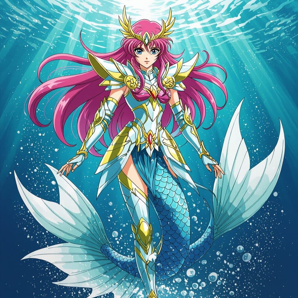 Mermaid Warrior in Armor, Vibrant Fish Tail