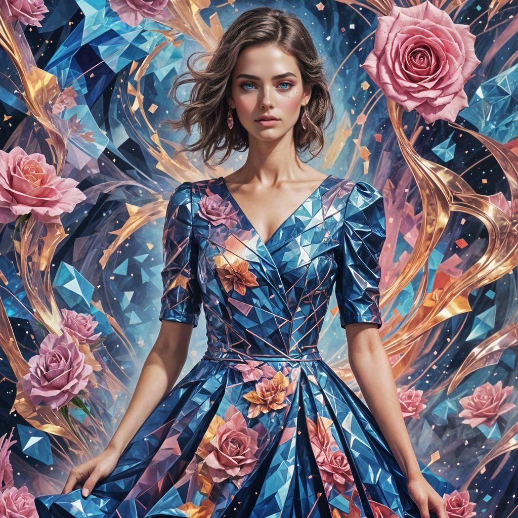 Blue Rose Dress: Holographic Astral Cosmic Illustration