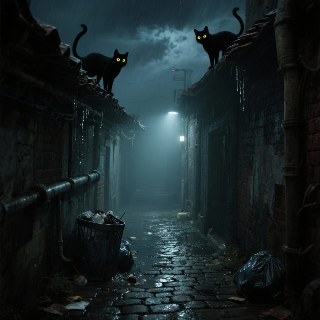 Night Alley Cats Under Stormy Skies