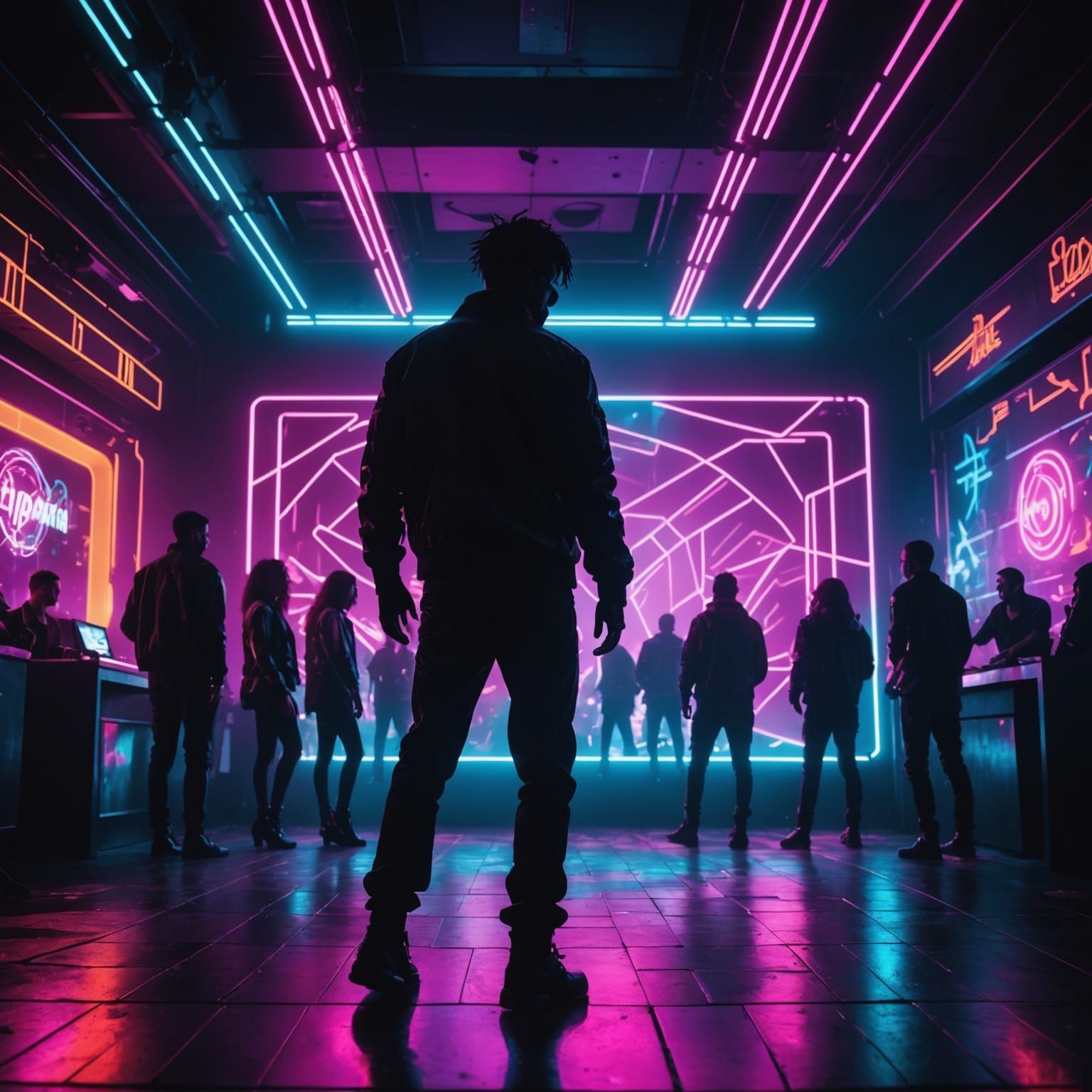 Cyberpunk Nightclub: Neon Lights and Dancing Silhouette