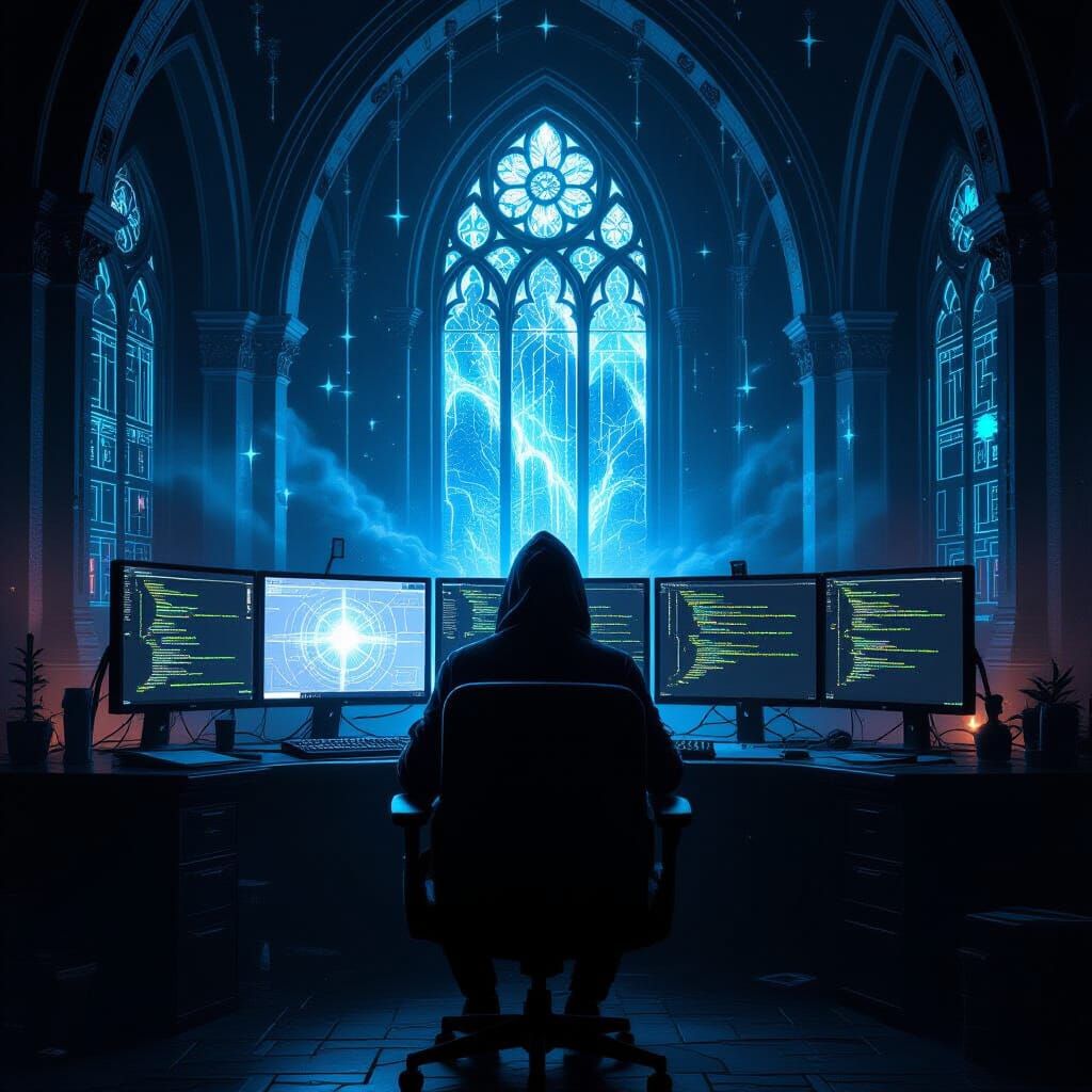 Hacker in Gothic Room with Cosmic Symbols