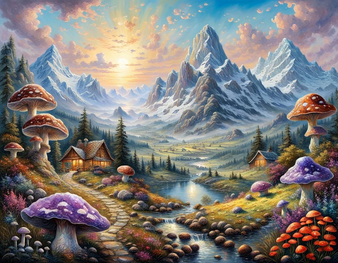 Impressionist Diamond Geode Landscape with Amethyst Mountain...