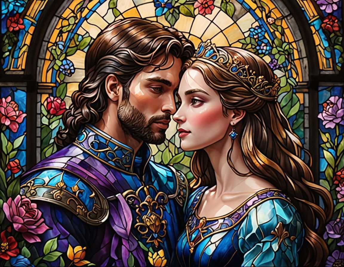 Prince and Princess Embrace in Stained Glass Art