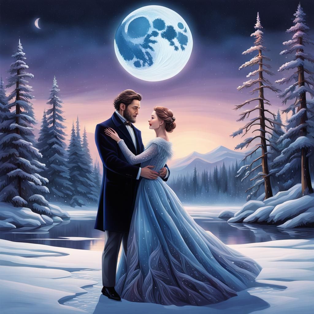 Moonlit Waltz on Frozen Lake: Hyperrealistic Winter Art