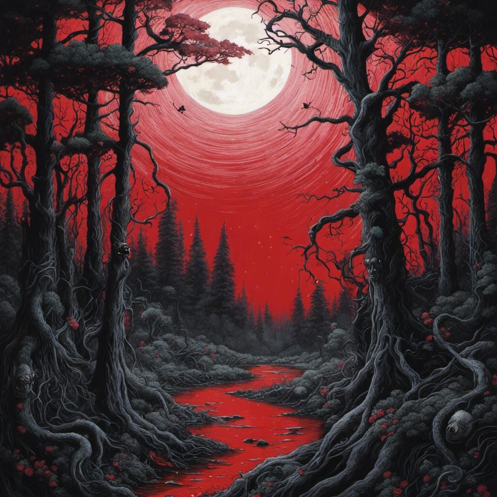 Eldritch Gothic Forest Under Red Moon