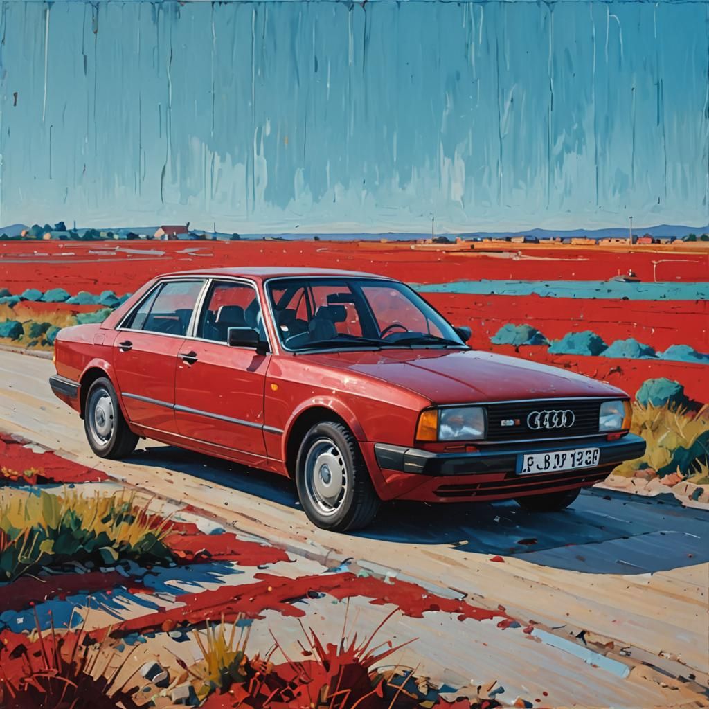 Vintage Red Audis in Abstract Expressionism Style