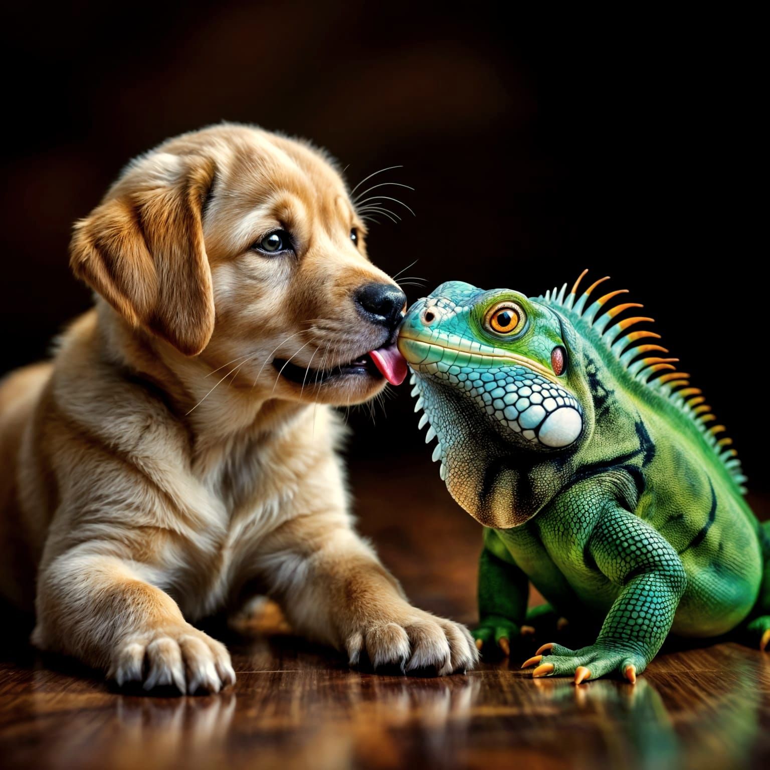 Baby Labrador Licks Iguana in Photorealistic Portrait