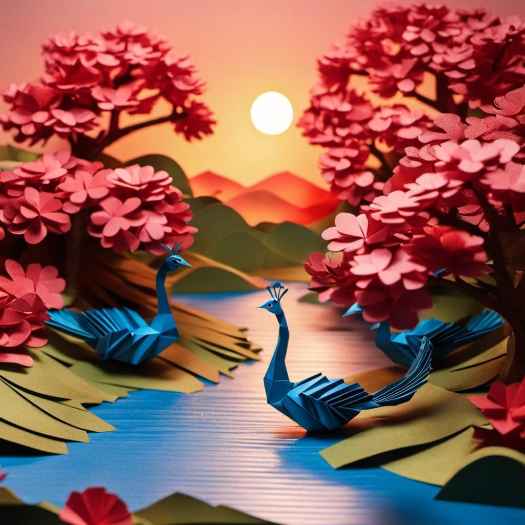 Origami River Landscape with Peacock at Sunset