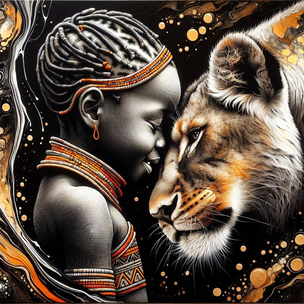 Zulu Girl and Lioness Nuzzle in Vibrant Ink Art