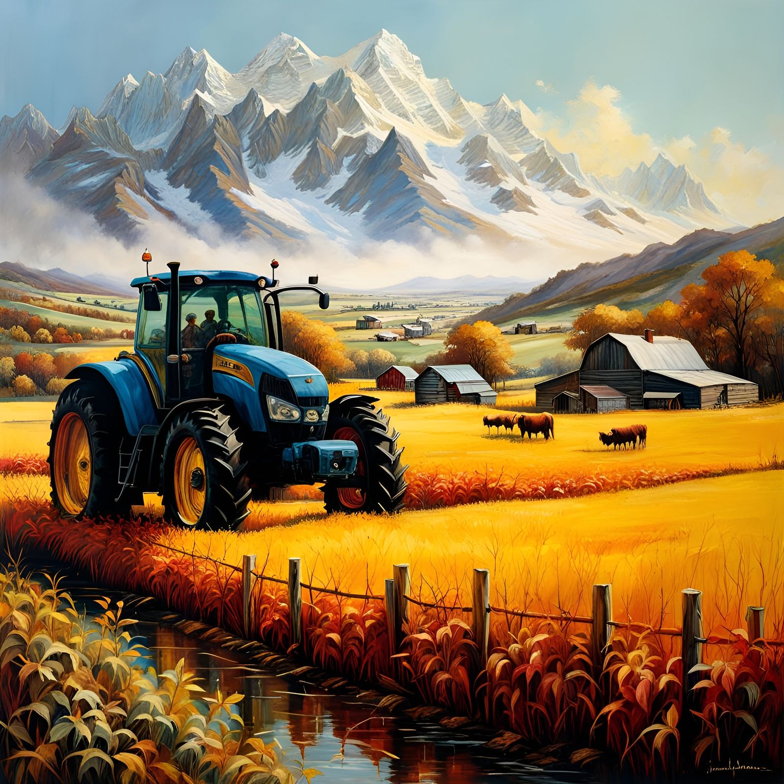 Hyperrealistic Autumn Farm Landscape in Oil on Canvas