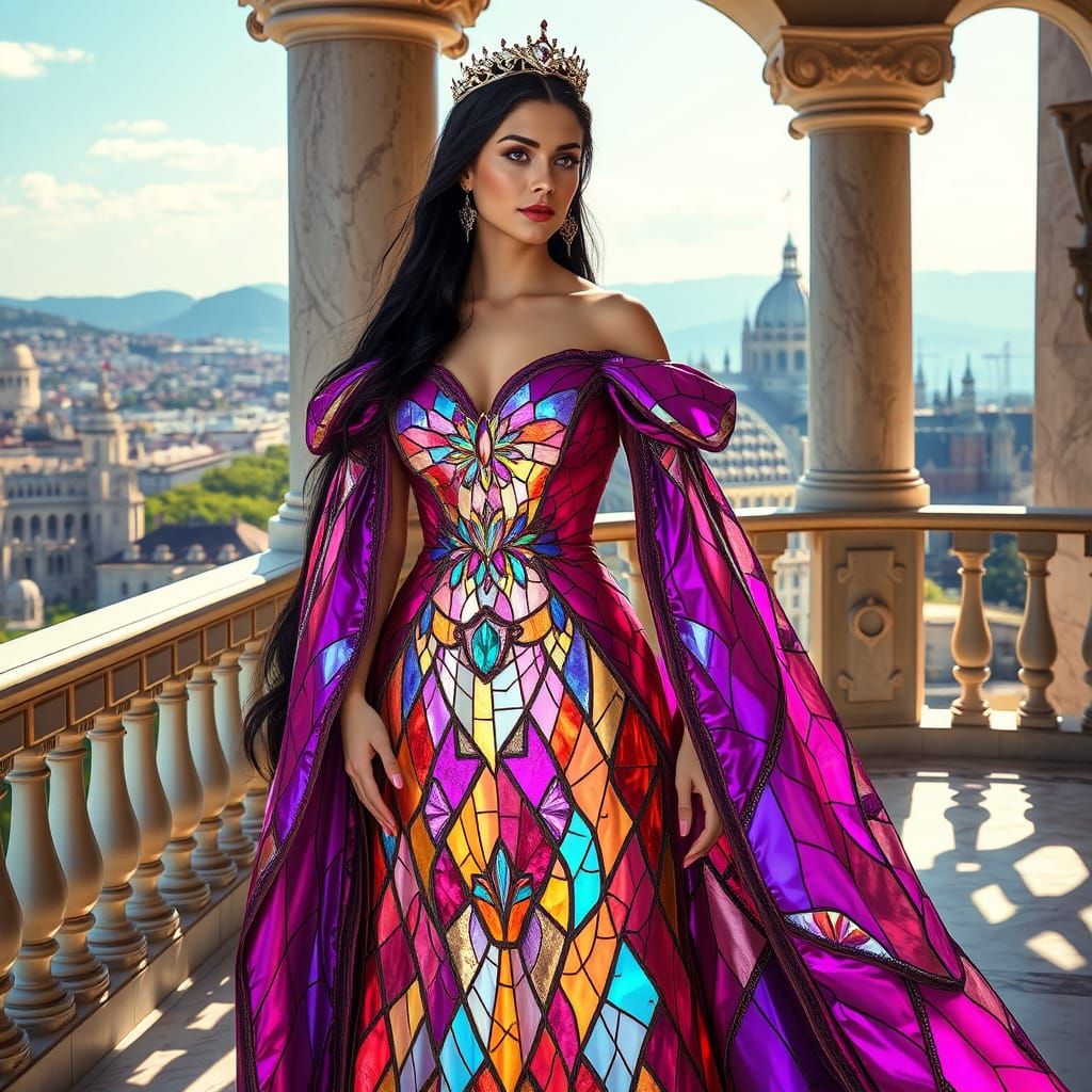 Regal Queen in Iridescent Glass Gown Overlooking Kingdom