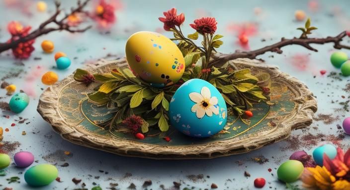 Festive Easter Greeting with Decorated Eggs and Flowers