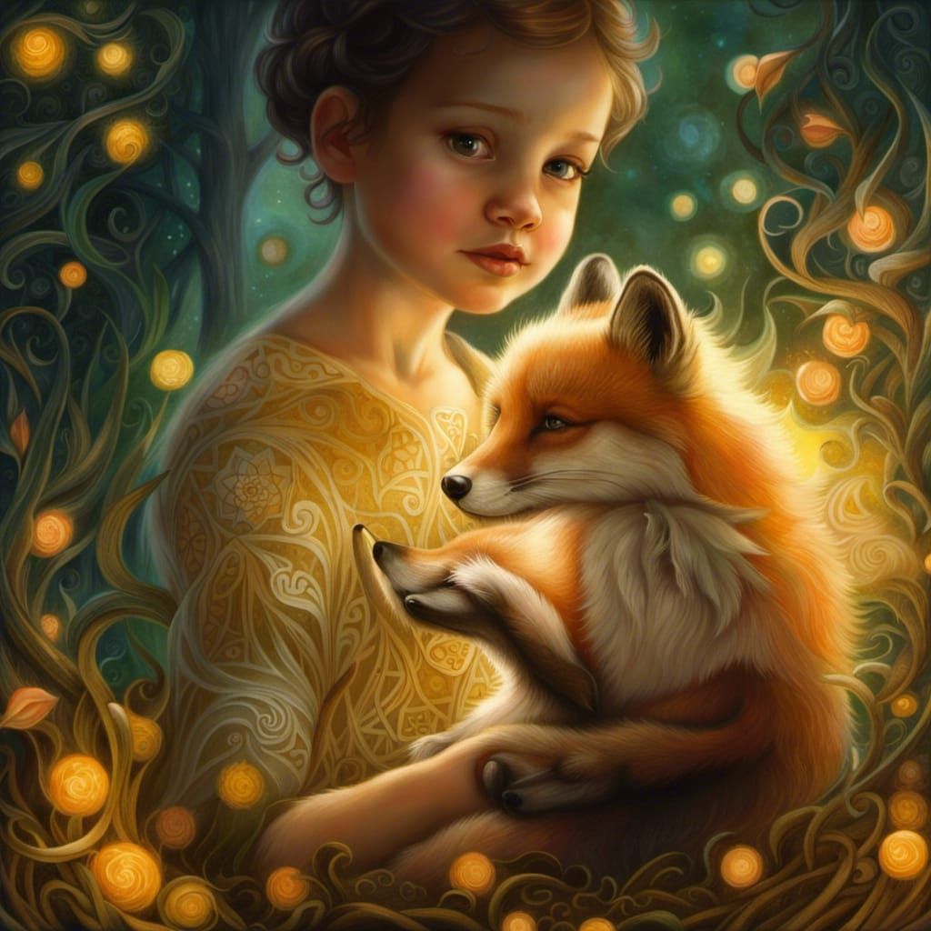 Toddler and Fox Celtic Knot Portrait in Dark Fantasy Style