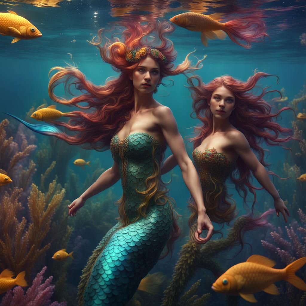 Colorful Mermaids Swimming in Fantasy Ocean