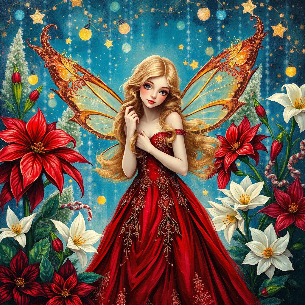 Christmas Fairy in Klimt-Style Winter Wonderland