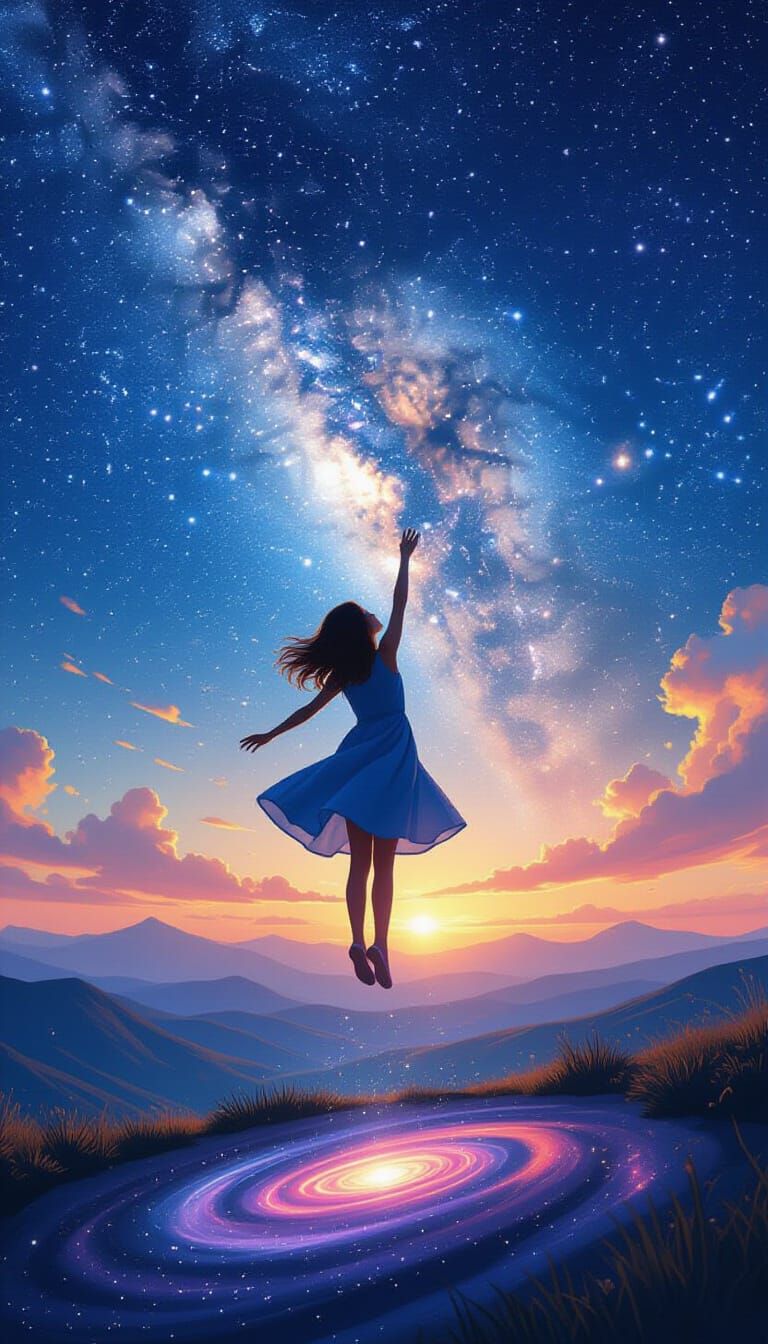 Girl Reaching for Stars in Cosmic Nebula Illustration