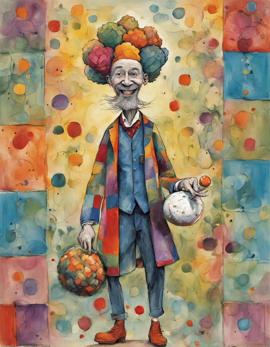 Whimsical Jester Juggles Cauliflower in Vibrant, Expressive....